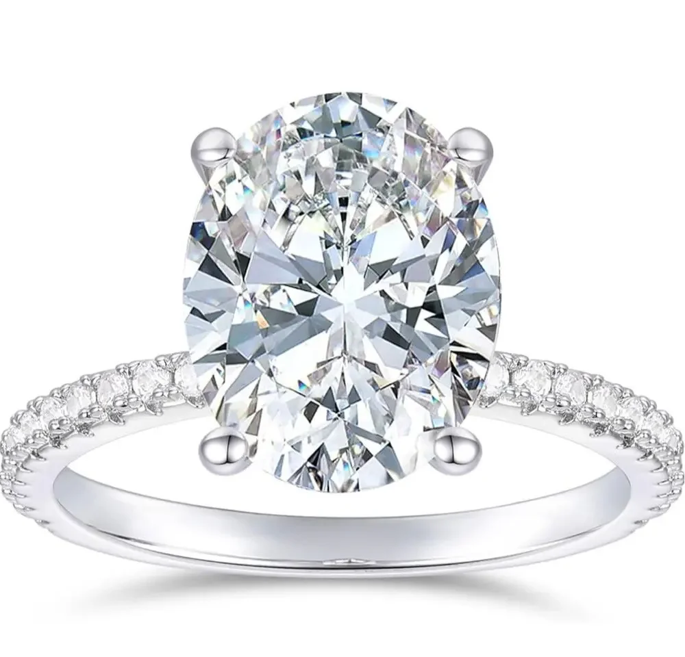 LISPARk 14K White Gold over silver 4CT Oval Moissanite Hidden Halo Ring size 7.5